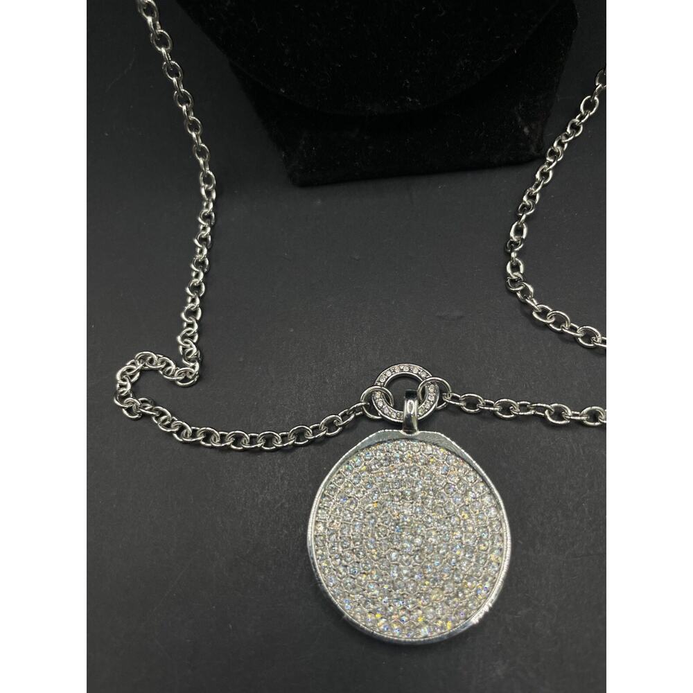 Vintage Silver Tone Crystal Rhinestone Pave Disc Round Pendant Necklace 18"